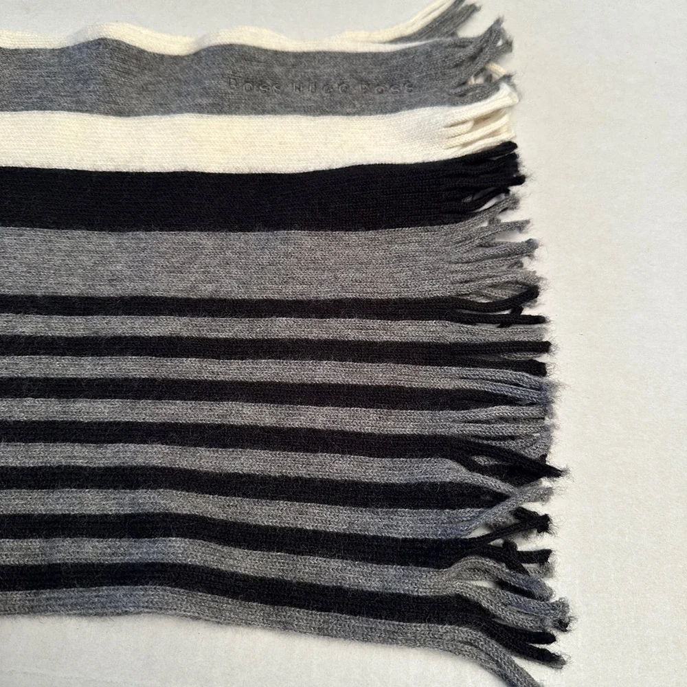 Hugo Boss Wool Neck‎ Scarf 52”x12” Black Gray Ivory Embroidered Logo
